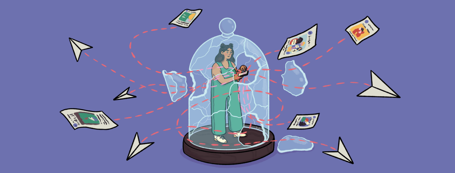 A woman in a glass cloche holds a smartphone as share symbols and memes fly in various directions from her phone and break the glass cloche around her