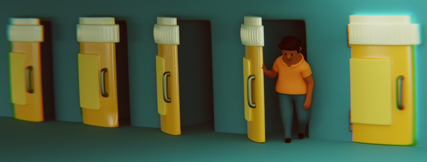 A man is dejectedly walking out of a door that is shaped like a medicine bottle. There are other medicine bottle shaped doors to choose from.