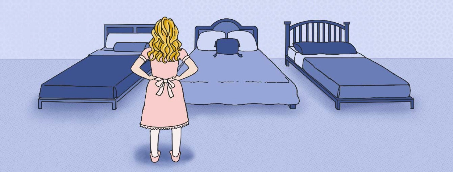 An adult Goldilocks with her hands on her hips looking at three different beds.