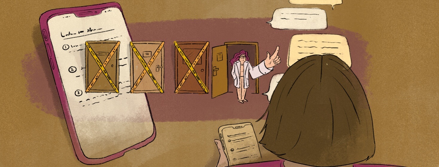 A woman is scrolling her phone for a new specialist. There are doors in the background with different choices.