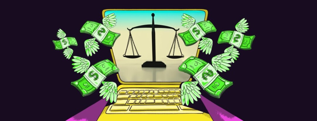 Money flies around a laptop with the scales of justice on the screen.