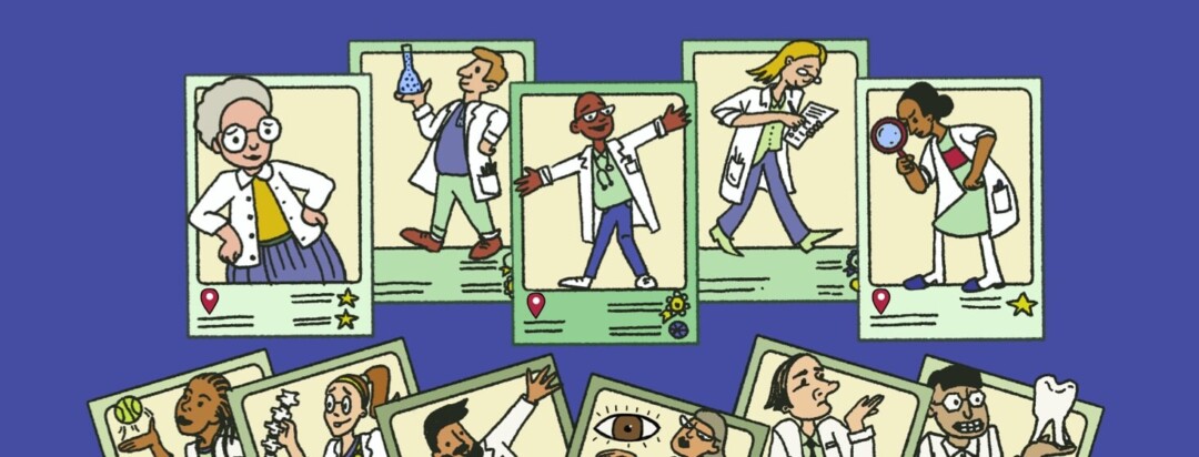 A deck of trading cards with different kinds of doctors, specialists and healthcare providers on them.