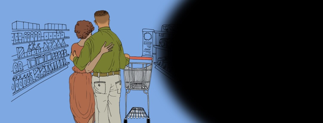 A couple walks through the grocery store as one experiences vision loss.