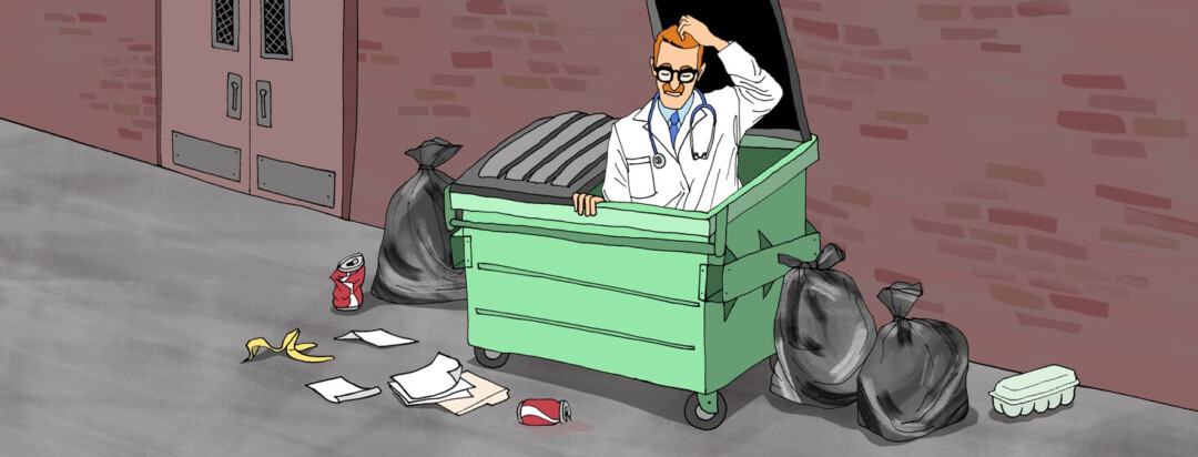 A doctor sits in a dumpster; he scratches his head wondering what went wrong.