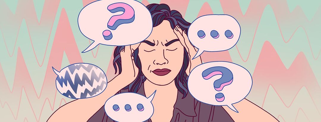 A woman looks frustrated as speech bubbles with question marks and static float around her, as she struggles to speak.