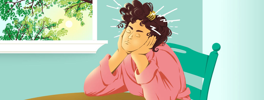 A woman with her head in her hands, elbows on a table, and eyes closed with lightning radiating from her head;