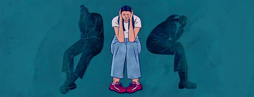 Illustration of a woman sitting and holding her head in pain from an episodic migraine, flanked by two dark, shadowy figures representing the isolating or debilitating effects of the condition.