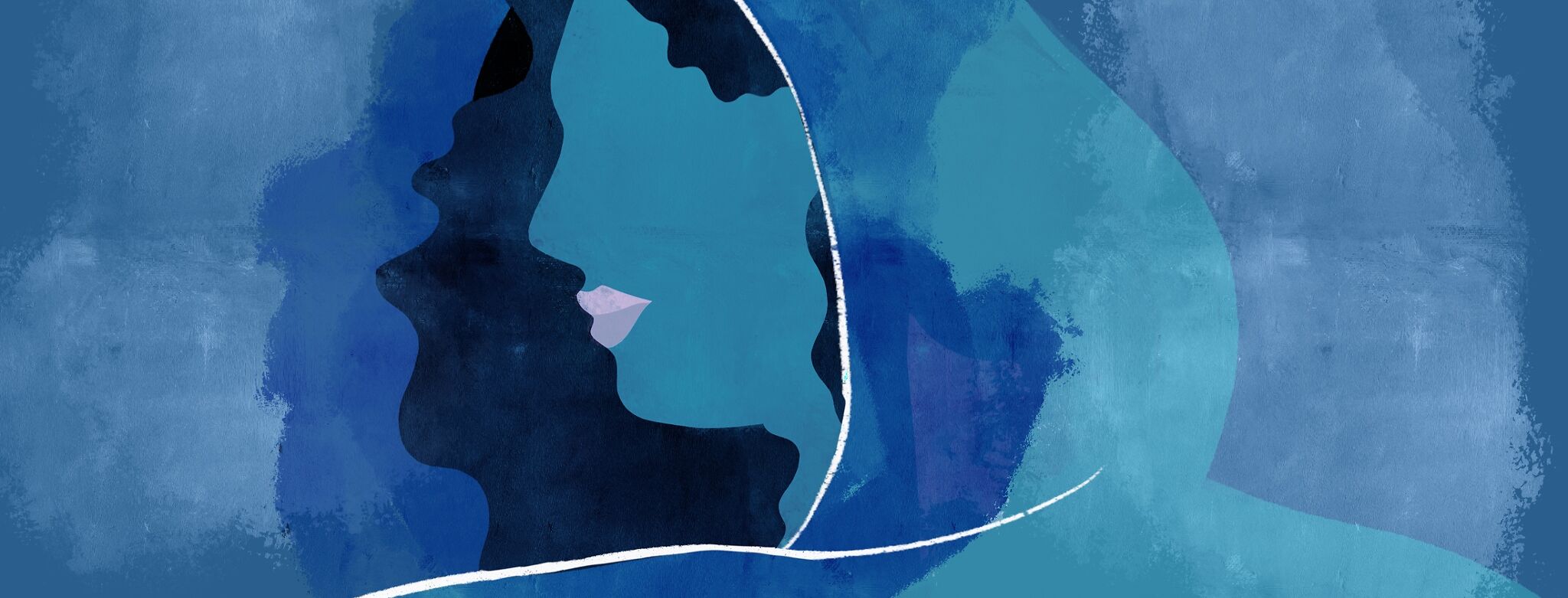 An abstract blue and turquoise illustration depicting a silhouetted profile of a person shrouded beneath a hood and layered shadows, serving as a visual metaphor for the hidden nature and resulting social stigma of living with episodic migraine.